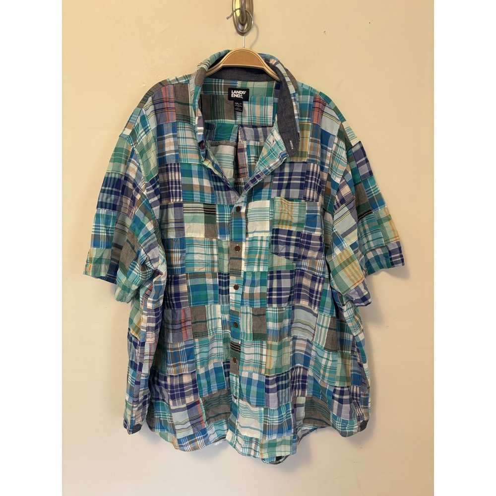 Lands' End Men's Shirt 4XLT Blue Madras Button Up Traditional Fit Short Sleeve
